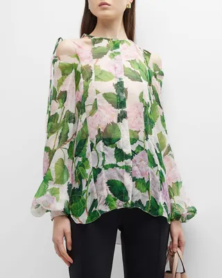 Hydrangea-Print Tie Cold-Shoulder Chiffon Blouse