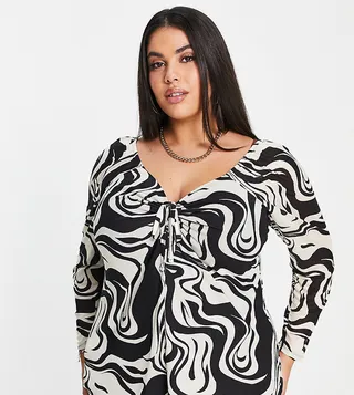 Simply Be mono swirl mesh cut out long sleeve top in black and white