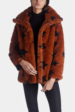 Star Print Faux Fur Puffer