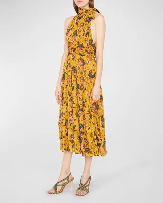 Maya Neck-Tie Midi Floral Silk Dress