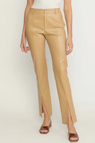 Faux Leather Split Hem Pant in Tan