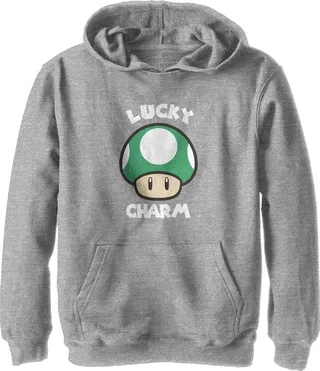 Boy's Nintendo Super Mario St. Patrick's Day Extra Life Mushroom Lucky Charm Pull Over Hoodie - Athletic Heather - Large