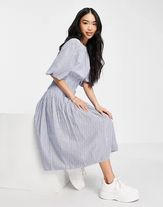 Influence puff sleeve cotton poplin midi dress in blue stripe
