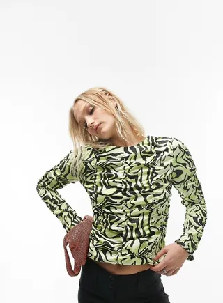 Topshop ruched long sleeve shirred swirl animal print top in lime