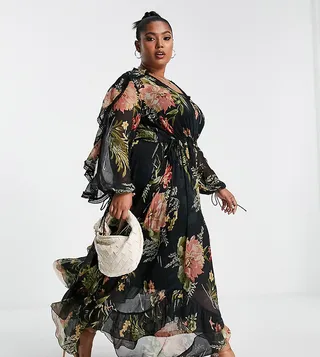 ASOS DESIGN Curve drape ruffle Maxi dress with lace insert and tassle detail in black floral print