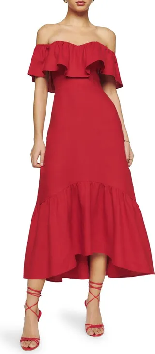 Baela Ruffle Off the Shoulder Linen Dress