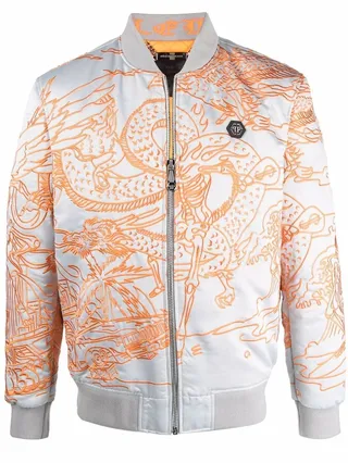 Tattoo-Motif Embroidered Bomber Jacket