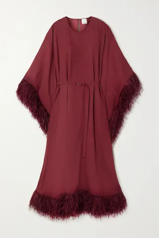 Huishan Zhang - Calista Belted Feather-trimmed Crepe Kaftan - Burgundy