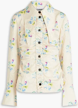 Floral-print ruched crinkled-satin shirt