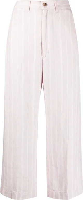 Striped Cropped-Leg Linen Trousers