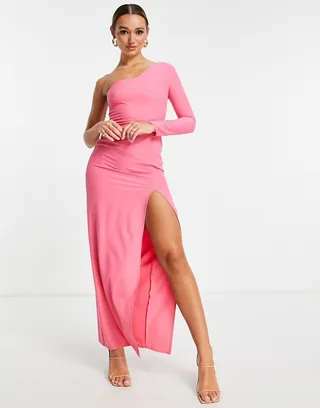 Vesper one shoulder thigh split maxi dress with exposed zip in pink