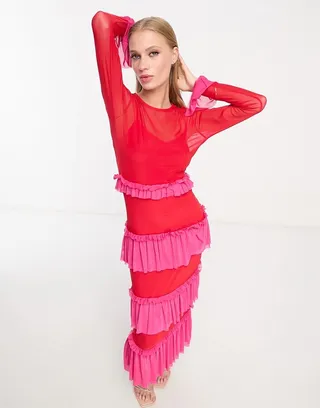 Never Fully Dressed mesh frill midaxi dress in contrast pink and red