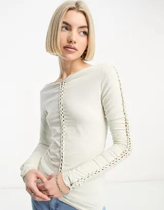 Weekday Braid cut out long sleeve top in off
