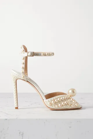 Jimmy Choo - Sacora 100 Faux Pearl-embellished Satin Sandals - White