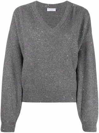 metallic-effect V-neck jumper
