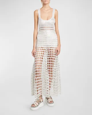 Silver Macrame Maxi Dress with Lace-Up Back
