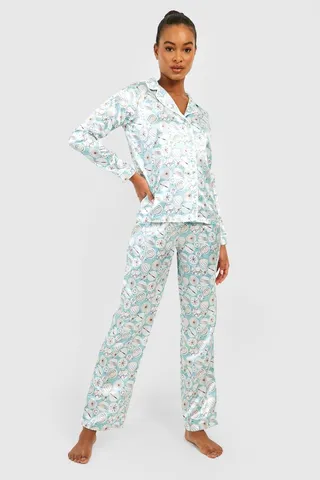 Tall Christmas Bauble Print Button Down Satin Pajama Set