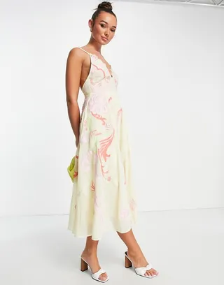 ASOS EDITION embroidered applique cami midi dress in lemon