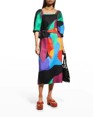 Sara Abstract Belted Midi Hemp Dress