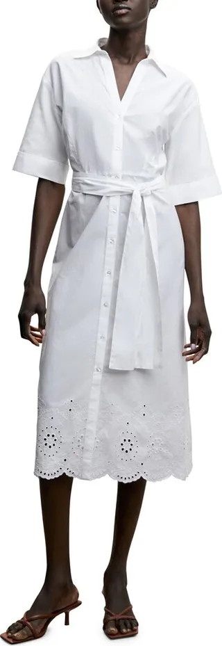 Swiss Embroidered Tie Waist Midi Dress
