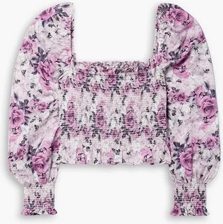 Russell cropped floral-print cotton and silk-blend satin top
