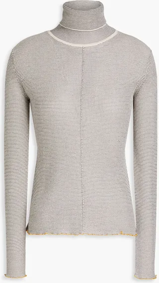 Striped waffle-knit wool-blend turtleneck sweater
