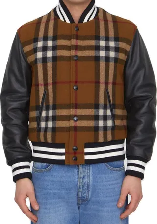 Burberry Checked Stripe Trim Bomber Jacket