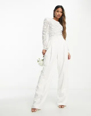Y.A.S Bridal 3D floral long sleeve bodice top in white