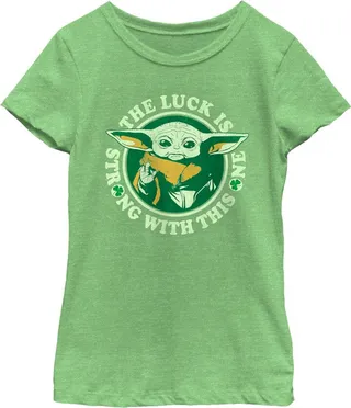 Girl's Star Wars: The Mandalorian St. Patrick's Day Grogu Luck is Strong with this One Distressed T-Shirt - Green Apple - Small