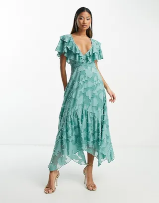 ASOS DESIGN V-front V-back ruffle midi dress with flutter sleeves and tie back in textured jacquard in sea green