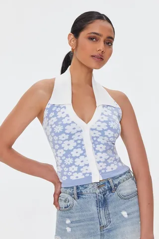 Floral Print Sweater-Knit Halter Top