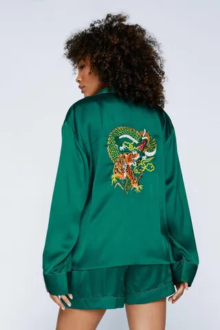 Nasty Gal Womens Embroidered Dragon Shirt & Short Pj Set