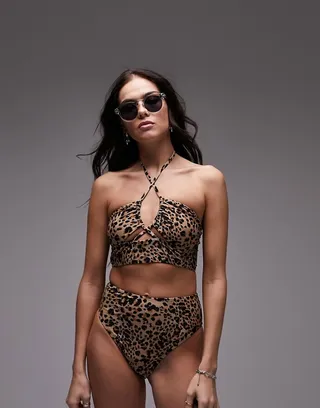 Topshop mix and match long-line halter neck bikini top in leopard print