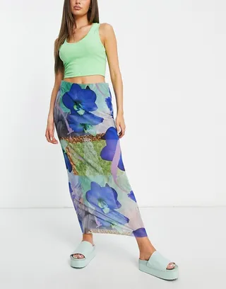 Monki mesh midi skirt in blue floral print