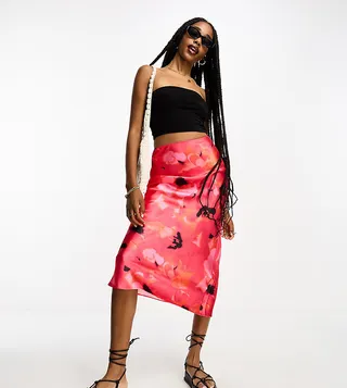 ASOS DESIGN Tall satin bias midi skirt in pink abstract floral print