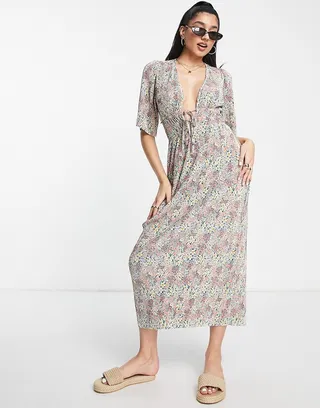 ASOS DESIGN plisse short sleeve channel waist detail midi dress in green ditsy floral