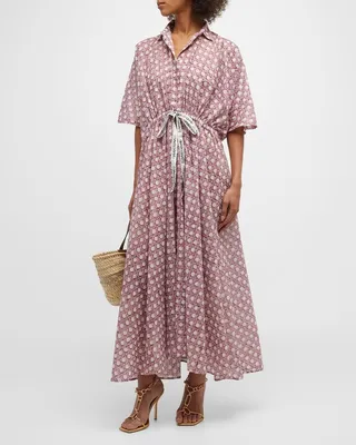 Lattice-Print Short-Sleeve Maxi Kaftan Shirtdress