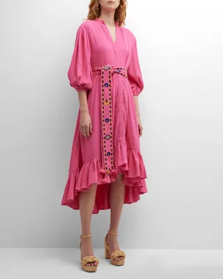 Athena Puff-Sleeve Belted Cotton Gauze High-Low Dress