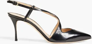 Cutout glossed-leather slingback pumps
