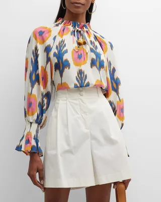 Lianna Ikat-Print Blouson-Sleeve Ruffle Top