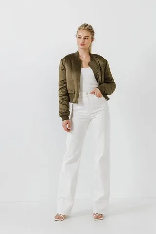 Grey Lab Cropped Satin Effect Bomber Jacket - Green