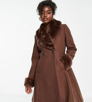 Ever New faux fur collar coat with cuffs in chocolate