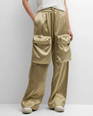 Duchesse Satin Wide-Leg Cargo Pants