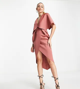 ASOS DESIGN Tall cape detail pleated wrap midi dress in rose