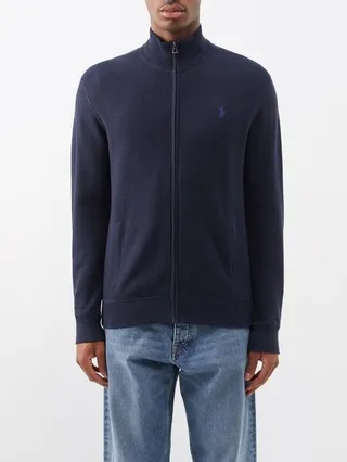High-neck Zip-front Cotton-piqué Sweater