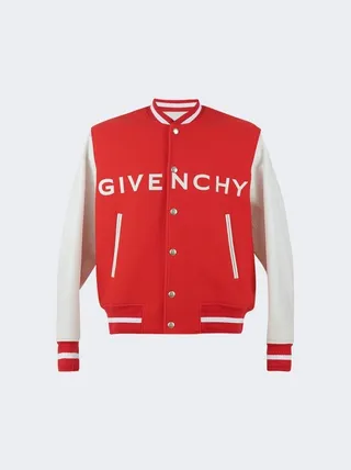 Varsity Wool & Grained Leather Jacket Red and White