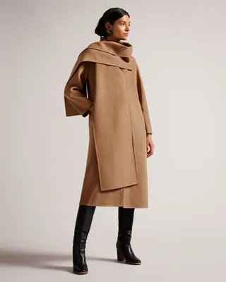 Double Wool Scarf Detail Coat in Camel