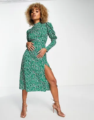 AX Paris midi dress with ruched sleeves in green animal