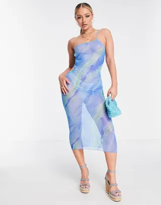 ASOS DESIGN one shoulder mesh beach midi dress in blue swirl
