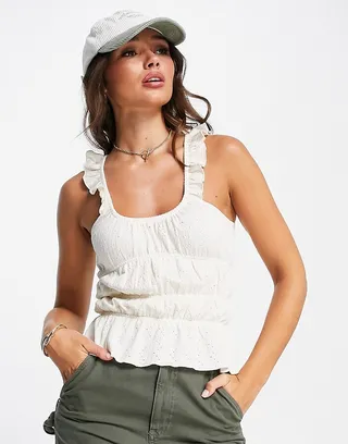 Topshop textured frill shoulder tank top in white
